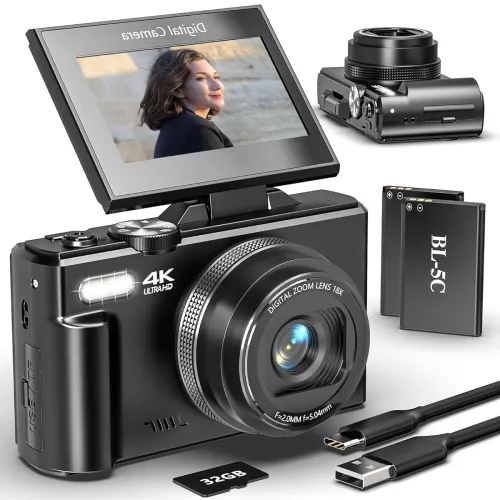 Image of UIKICON 4K Digital Vlogging Camera with Flip Screen, WiFi & 18X Zoom (2 Batteries, 32GB SD Card)
