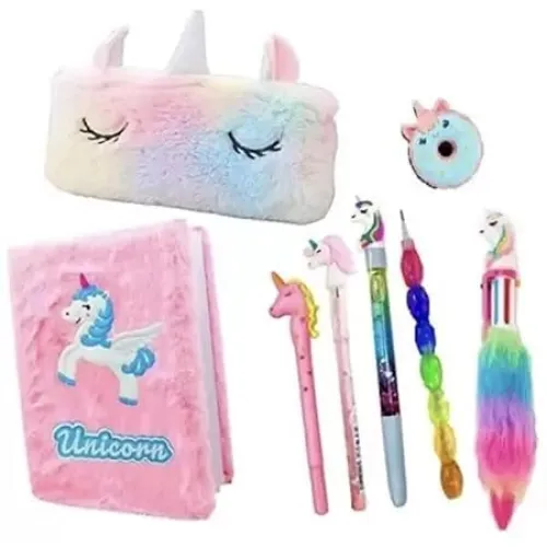 Image of Unicorn Stationery Combo Set | Unicorn Fur Pouch with Diary, Pens, Pencil, Fur Pen & Eraser | Cute Pencil Pouch Case for