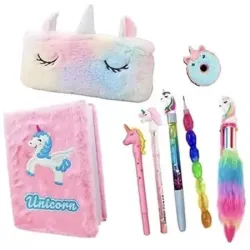 Unicorn Stationery Combo Set | Unicorn Fur Pouch with Diary, Pens, Pencil, Fur Pen & Eraser | Cute Pencil Pouch Case for