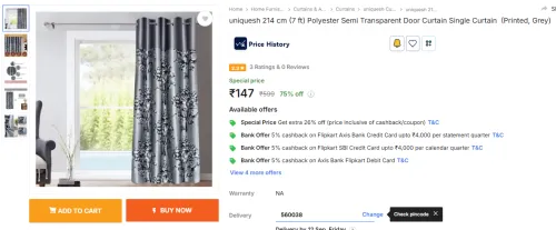 Image of Uniquesh Door Curtain – (7 ft, Grey Print)