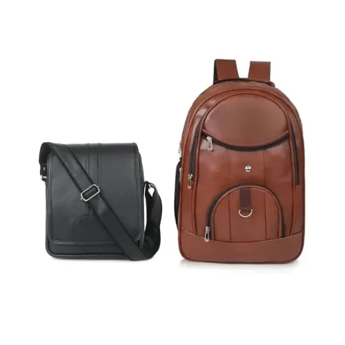 Image of Unisex Leather Bag Combo Set – Brown Laptop Backpack & Black Crossbody Messenger Bag (2 Piece)