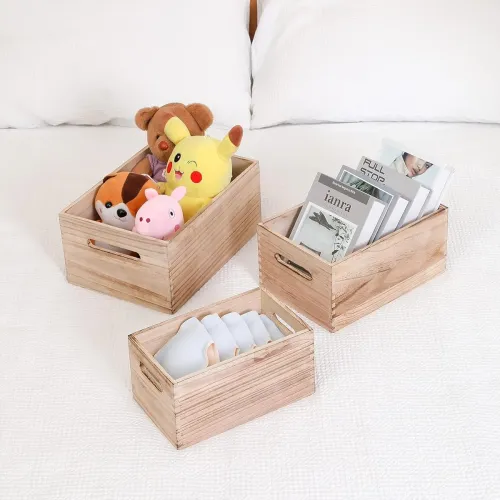 Image of Universal Arts Set of 3 Wooden Storage Crates Natural Brown