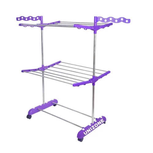 Image of UNIZONE Stainless Steel 2-Tier Single Pole Foldable Clothes Drying Stand with Side Wings | Indoor Outdoor Laundry Rack |