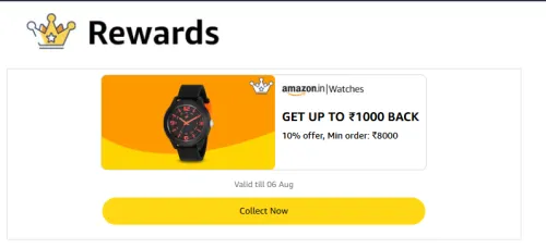 Image of Amazon Watches Reward: Upto ₹1000 back on order above ₹8000