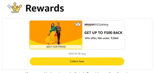 Image of Amazon Clothing Reward: 10% Discount Upto ₹500 back on order above ₹2000