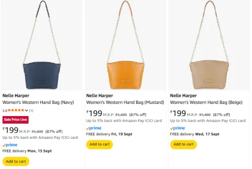 Image of Upto 87% off on Nelle Harper Women's Handbag Starting At ₹199