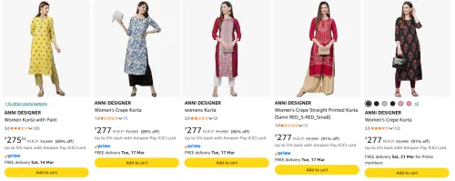 Image of Upto 91% off on ANNI DESIGNER Women's Kurta set