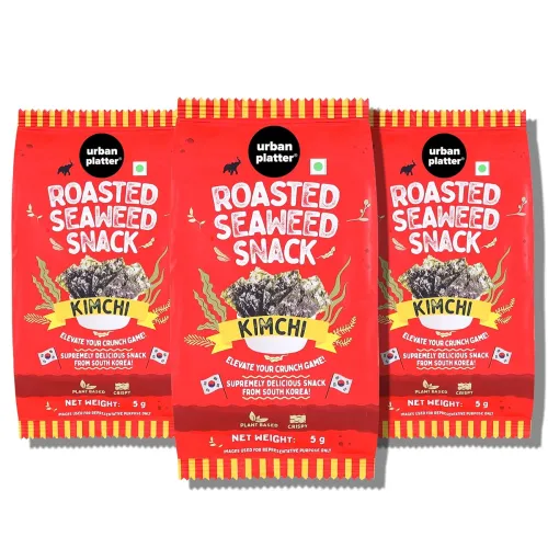 Image of Urban Platter Roasted Seaweed Snack - Kimchi, 5g (Pack of 3, Ready to eat snack | Crispy Umami Nori Chips | Spicy Kimchi