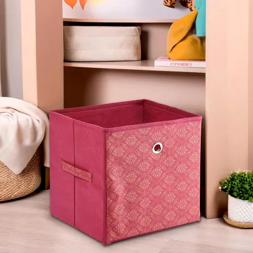 Image of Urbane Home Storage Box | Foldable Square Storage Box with Ring | Golden Print | Cloth Organiser for Wardrobe | Non-Wove