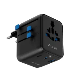 URBN 20W GaN Universal Adapter | Charge 4 Devices Simultaneously | 2500W Universal Socket | Dual USB-C + USB-A | Smart T