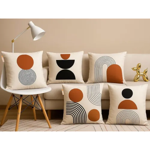 Image of Urvaan Set of 5 Jute Boho Geometric Cushion Covers, 16 x 16 Inch, Beige Multicolour