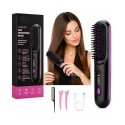 USB Type-C Rechargeable Hair Straightening Comb with Ceramic Heated Bristles