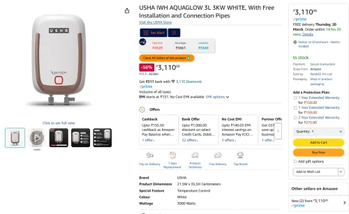 Image of USHA IWH Aquaglow Water Heater 3L 3KW