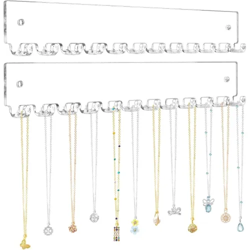 Image of Wall Mounted Acrylic Jewelry Organizer 14 Hooks Necklace Holder & Earring Rack Clear Necklaces, Earrings, Bracelets 