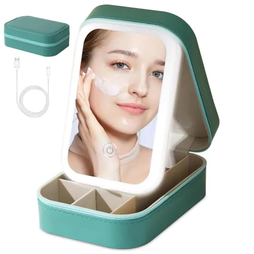 Image of V-VRAT LED Makeup Box with Adjustable Light-Up Mirror, 3 Color Light Settings, Dust-Proof Cosmetic Case, Jewelry Organiz