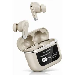 V8 PRO True Wireless Noise Cancelation Headphones with Touch Display, BT 5.3 + ANC Bluetooth Earbuds, HD Calling with 6-Mic, 32 Hours Playtime with Fast Charging (Beige)