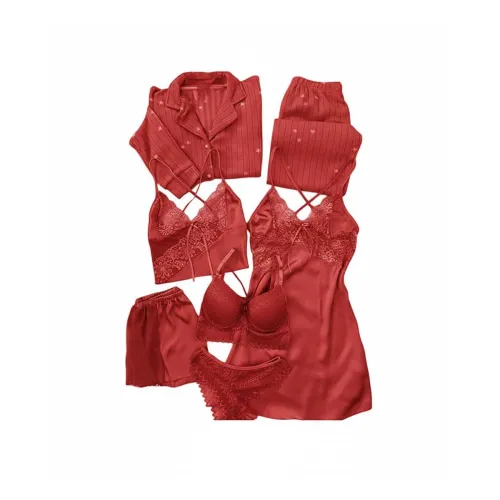 Image of Valentine's Day Fancy Night Suit Bath Robe Dress & Bra Penty Set Combo for Women's Pack of 7 Pcs Nightwear Lingerie Silk