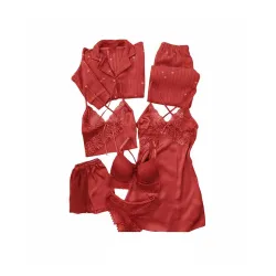 Valentines Day Fancy Night Suit Bath Robe Dress & Bra Penty Set Combo for Womens Pack of 7 Pcs Nightwear Lingerie Silk