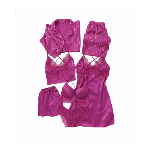 Image of Valentine's Day Fancy Pink Night Suit Bath Robe Dress Bra Panty Set Combo for Women's Pack of 7 Pcs Nightwear Lingerie S