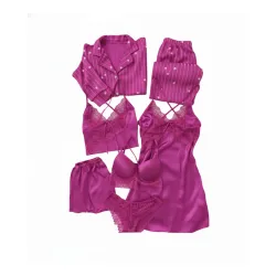Valentines Day Fancy Pink Night Suit Bath Robe Dress Bra Panty Set Combo for Womens Pack of 7 Pcs Nightwear Lingerie S