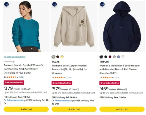 Image of Van Heusen Women's Hooded Solid Sweatshirt| Full Sleeve Ribbed Hem Casual at