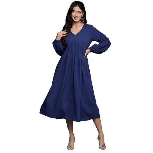 Image of Varanga Women Blue V-Neck, Bishop Sleeves