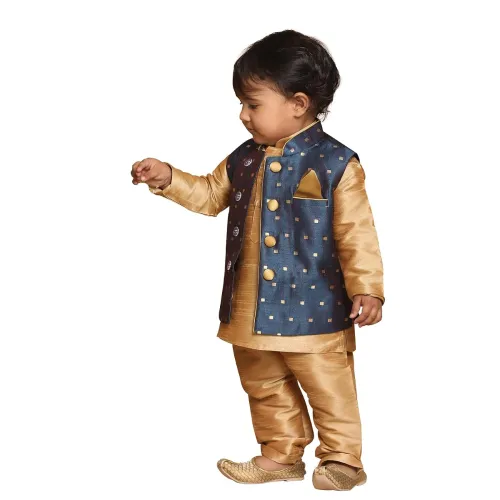 Image of VASTRAMAY Infant Boys Persian Blue and Rose Gold Silk Blend Nehru