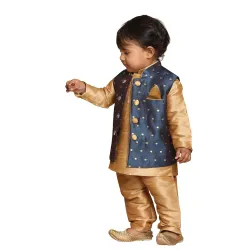 VASTRAMAY Infant Boys Persian Blue and Rose Gold Silk Blend Nehru