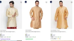 VASTRAMAY Solid Cotton Silk Straight Kurta for Men (Gold)+ at up to 85% Discount