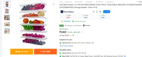 Image of VATUKDY Plastic CONTAINER BOX Storage Basket  (Pack of 6)
