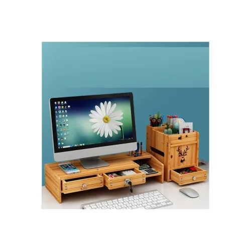 Image of VBM Monitor Riser Stand Bamboo Computer Laptop, Printer, PC with Storage Slot Adjustable Desktop Stand For Home , Office