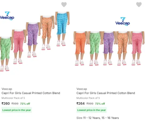 Image of Veecap Girls Casual Printed Capri (PO5) @ Starting ₹260
