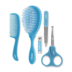 Vega Baby & Mom 5- in- 1 Grooming Kit - Blue | for Delicate Baby Scalp & Tiny Nails| Kit Designed for Babies | Hair & Nail Grooming Kit, (VBGA3-03)