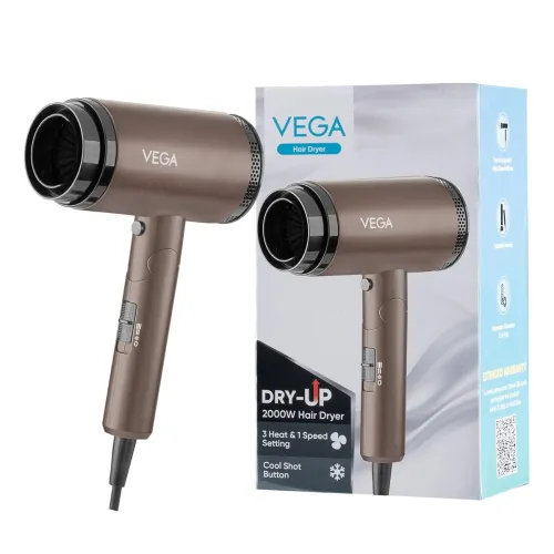 Image of Vega Dry-Up 2000 Watts Hair Dryer For Men & Women with 3 Heat & 1 Speed Setting & Cool Shot Button, Blow Dryer, Foldable