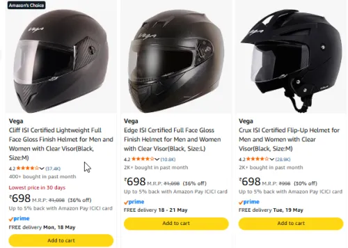 Image of Vega Helmets Starting Price ₹698