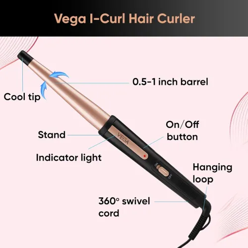 Image of Vega I-Curl Hair Curler for Women with Ceramic Coated 0.5 inch-1 inch Barrel, Quick Heatup Technology