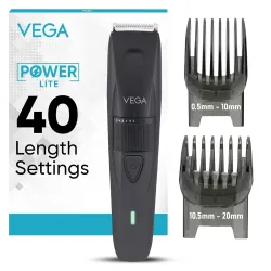 VEGA Power Lite Beard Trimmer for Men with Self-Sharpening Stainless Steel Blades, 40 Length Settings, 90 Min Runtime, 2 Comb Attachment, USB Type-C, Travel Lock, Hair Trimmer, 2Yrs Warranty...