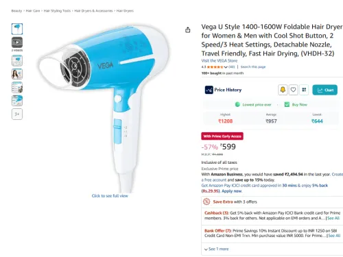 Image of Vega U Style 1400-1600W Foldable Hair Dryer 