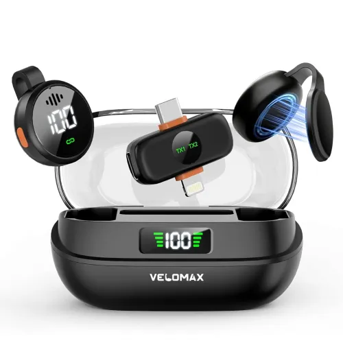 Image of VELOMAX Wireless Mic for YouTube, 2-in-1 Mic for YouTube Wireless for iPhone / Android, Dual Clip-On Magnetic Microphone