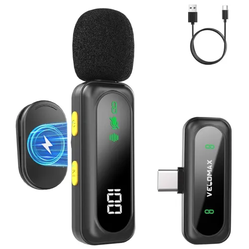 Image of VELOMAX Mic for YouTube Wireless, Noise Reduction Magnetic Clip Wireless Microphone with LED Indicator and Battery Displ
