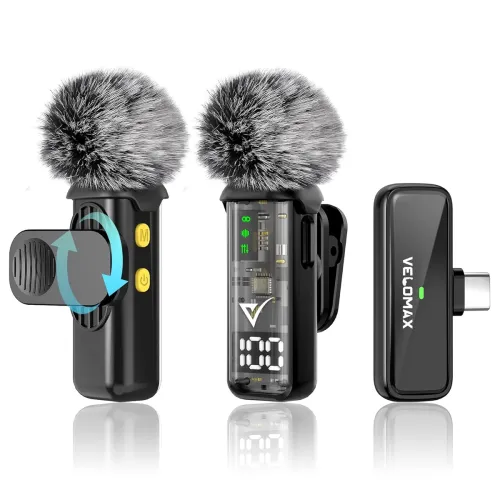 Image of VELOMAX Mic for YouTube Wireless with LED Indicator, One-Click Noise Reduction Magnetic Mini Lapel Wireless Microphone, 
