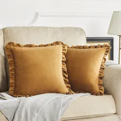 Velvet Brown 20x20 Pillow Covers, Set of 2 Decorative Ruffle Cushoin Pillow Covers for Sofa Couch