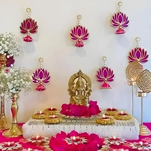 Image of Velvet Handmade Wall Decor Lotus (06 Pcs- Pink) with Jhumki Style Hanging for Home Decor,Diwali Decor,Wedding and All Fe