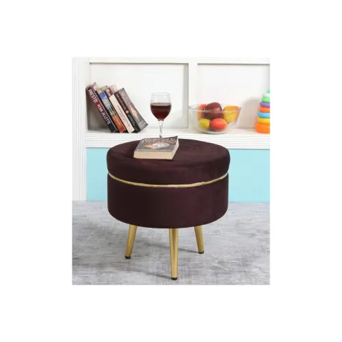 Image of Velvet Ottoman Stool with Metal Legs Coffee Color