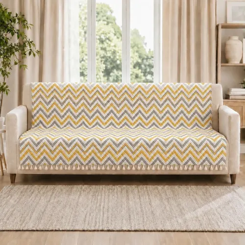 Image of Velvet Quilted Sofa Cover for 3 Seater (70 x 60 Inches) | Yellow Zigzag