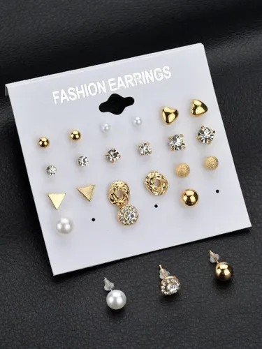Image of Vembley Combo of 12 Pair Golden Studded Pearl Stud Earrings