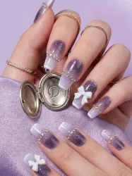 Vembley Set Of 24 Reusable Press On Nails - Purple Glitter