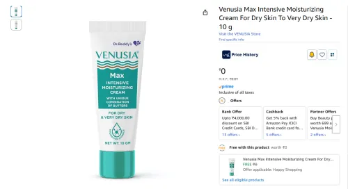 Image of Venusia Max Intensive Moisturizing Cream 10g for Dry Skin