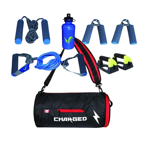 Image of VERIFIED GYM SET INCLUDING VF-1027 TRAINING SET WITH CHARGED GYM BAG BUENO BLACK RED AND PUSHUP BAR GREEN