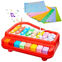 VGRASSP 2 in 1 Big Xylophone and Piano Toy for Kids with 8 Colorful Keys and Drum Sticks - Musical Instrument Toy for Baby and Toddlers - Red